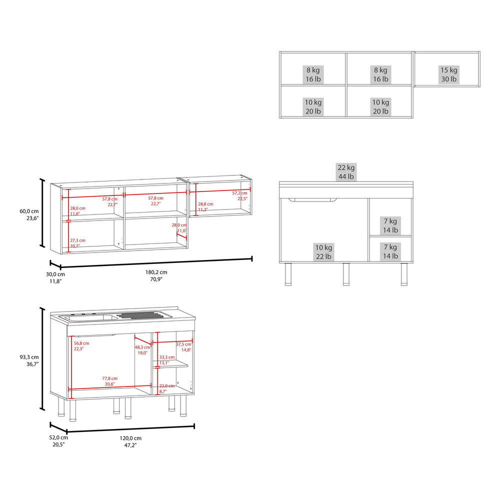 English Elm Oceana 2-Pc Kitchen Cabinet Set with Stainless Sink, 8 Shelves, 3-Door Base & 5-Door Wall White B200S00434