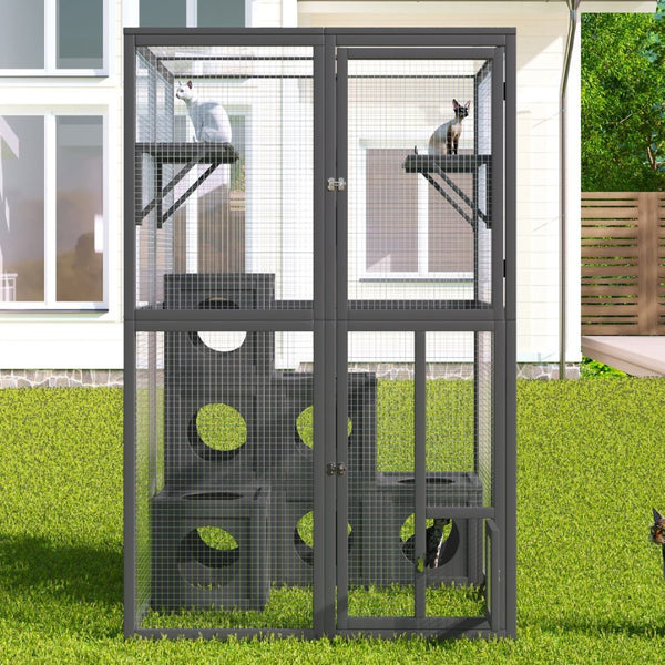 English Elm Catio Outdoor Cat Enclosure Modular Pine Wood Weatherproof Multi-level Feline Play Space N843MP104G