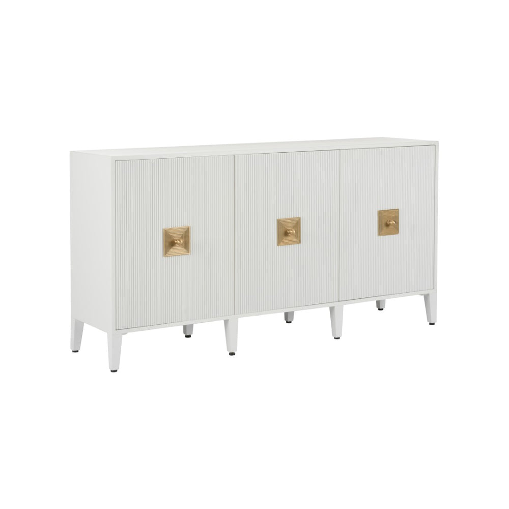 Chelsea House Burns Credenza White – 69" Reeded Wood Buffet With Aged Brass Pulls, Designer Elizabeth Wicker Storage 370044