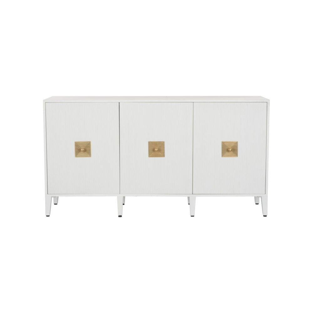 Chelsea House Burns Credenza White – 69" Reeded Wood Buffet With Aged Brass Pulls, Designer Elizabeth Wicker Storage 370044