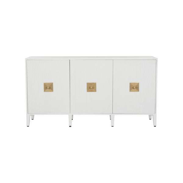Chelsea House Burns Credenza White – 69" Reeded Wood Buffet With Aged Brass Pulls, Designer Elizabeth Wicker Storage 370044