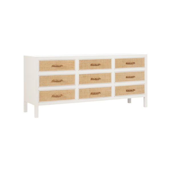 Chelsea House Burgess Coastal 9-Drawer Chest By Bill Cain — White Painted Body, Grasscloth Fronts & Bamboo Handles 370046