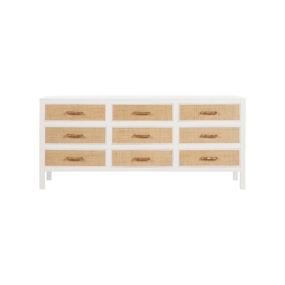 Chelsea House Burgess Coastal 9-Drawer Chest By Bill Cain — White Painted Body, Grasscloth Fronts & Bamboo Handles 370046