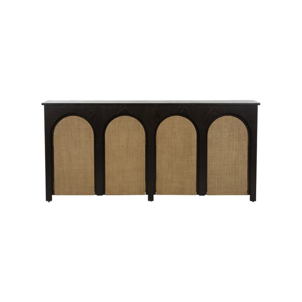 Chelsea House Wrightsbury Console By Bill Cain — Slim 74" Entry Console With Warm Wood, Black Frame & Grasscloth Texture 370047