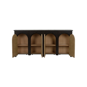 Chelsea House Wrightsbury Console By Bill Cain — Slim 74" Entry Console With Warm Wood, Black Frame & Grasscloth Texture 370047