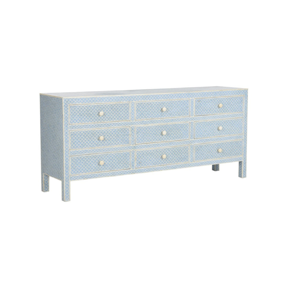 Chelsea House Milford Handcrafted Bone Inlay Dresser With Blue White Fish-Scale Pattern, 9 Deep Drawers, 75" 370050