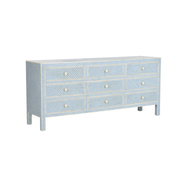 Chelsea House Milford Handcrafted Bone Inlay Dresser With Blue White Fish-Scale Pattern, 9 Deep Drawers, 75" 370050