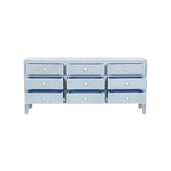 Chelsea House Milford Handcrafted Bone Inlay Dresser With Blue White Fish-Scale Pattern, 9 Deep Drawers, 75" 370050