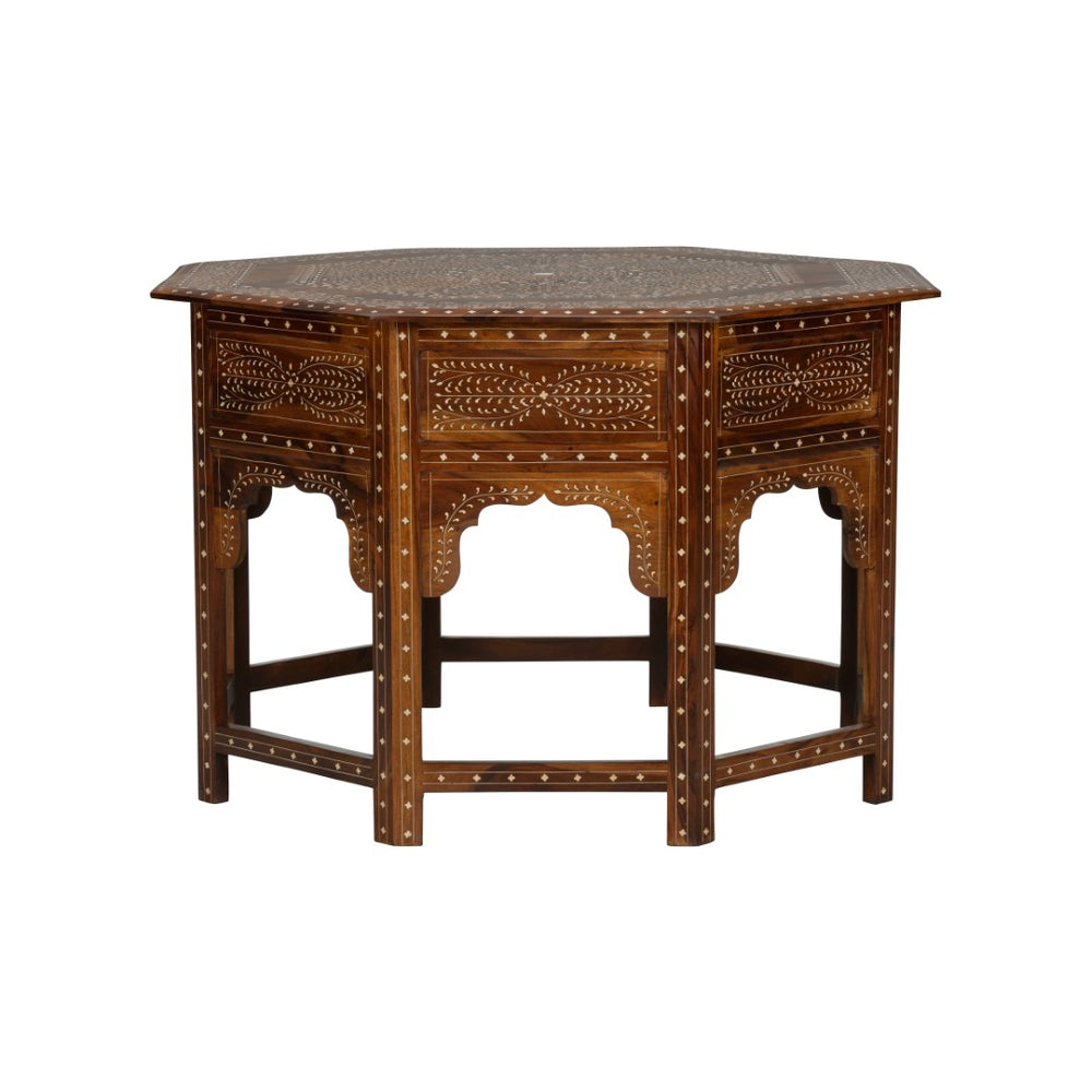 Chelsea House Aryana Solid Timber Center Table With Intricate White Wood Inlay — 45.5" Luxe Geometric Floral Accent 370056
