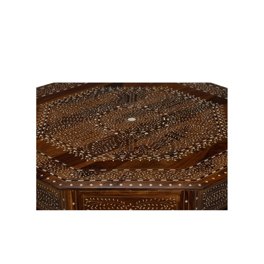 Chelsea House Aryana Solid Timber Center Table With Intricate White Wood Inlay — 45.5" Luxe Geometric Floral Accent 370056