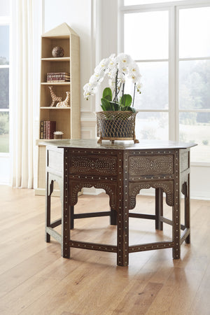 Chelsea House Aryana Solid Timber Center Table With Intricate White Wood Inlay — 45.5" Luxe Geometric Floral Accent 370056