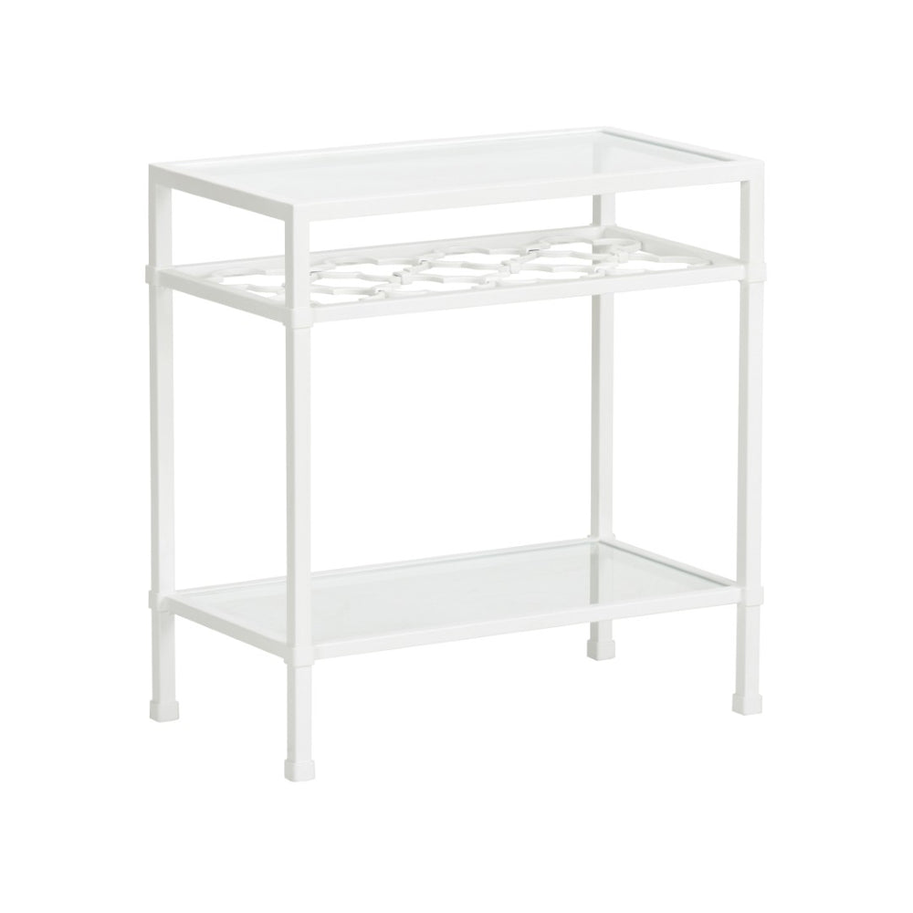 Chelsea House Pacific Coast Side Table White - Coastal Metal Accent With Tempered Glass Top, Quatrefoil Detail & Storage (23.5"H) 370061