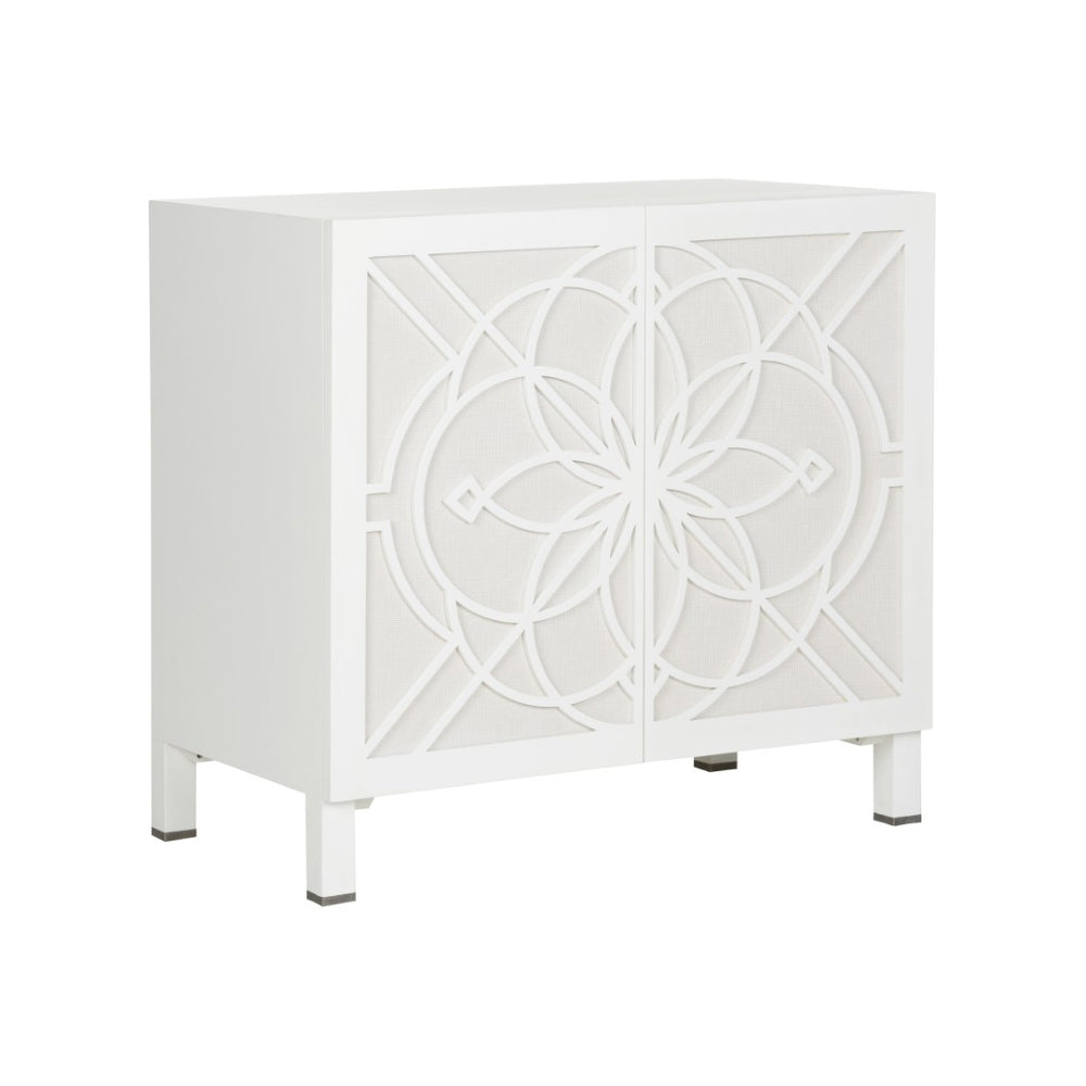 Chelsea House Flower Of Life Cabinet By Lisa Kahn — White Wood Lattice Over Raffia Backing, Coastal Storage Statement 370071