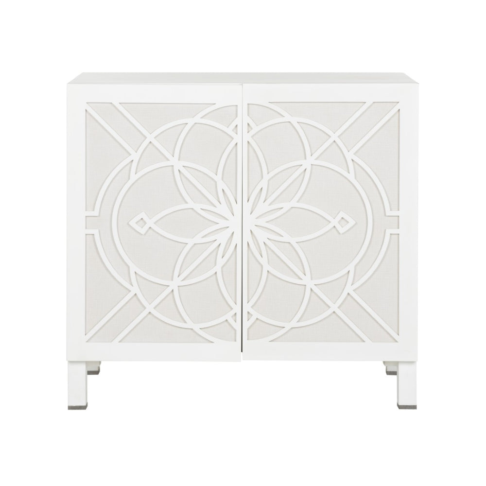 Chelsea House Flower Of Life Cabinet By Lisa Kahn — White Wood Lattice Over Raffia Backing, Coastal Storage Statement 370071