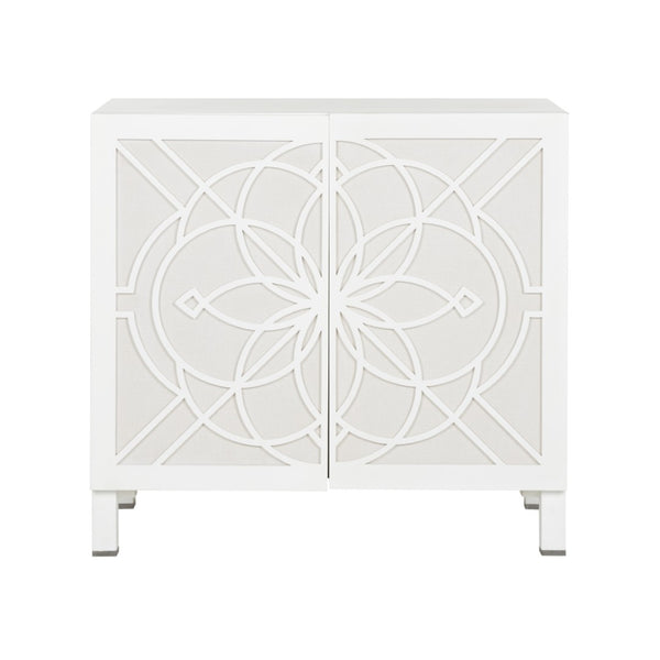 Chelsea House Flower Of Life Cabinet By Lisa Kahn — White Wood Lattice Over Raffia Backing, Coastal Storage Statement 370071