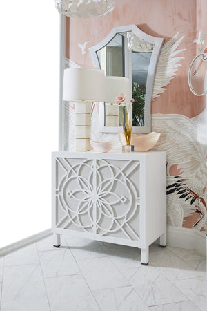 Chelsea House Flower Of Life Cabinet By Lisa Kahn — White Wood Lattice Over Raffia Backing, Coastal Storage Statement 370071