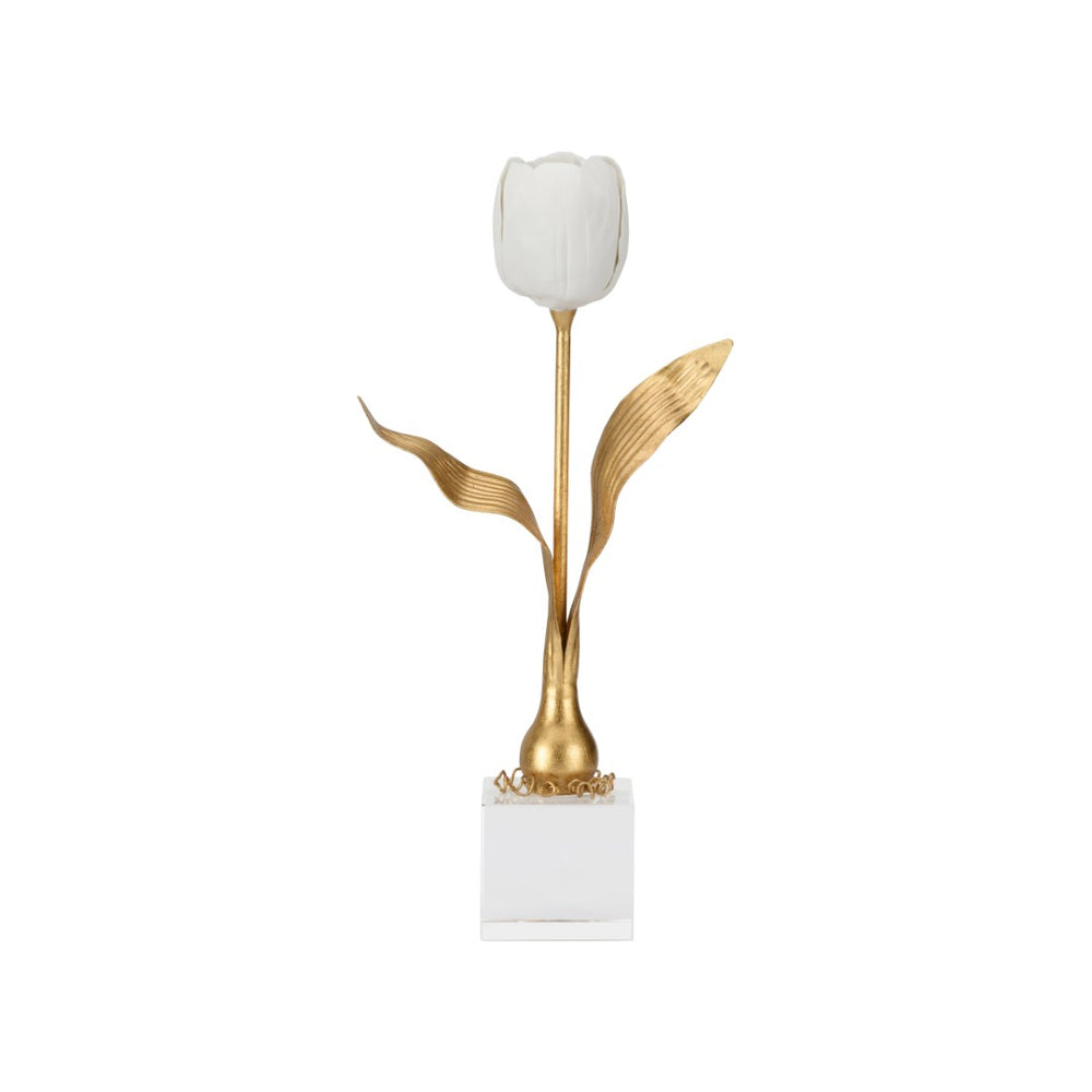 Chelsea House Darwin Porcelain Tulip Sculpture On Sleek Stand — Antique Gold Leaf Finish, Lifelike Petals, Tabletop Accent 370083