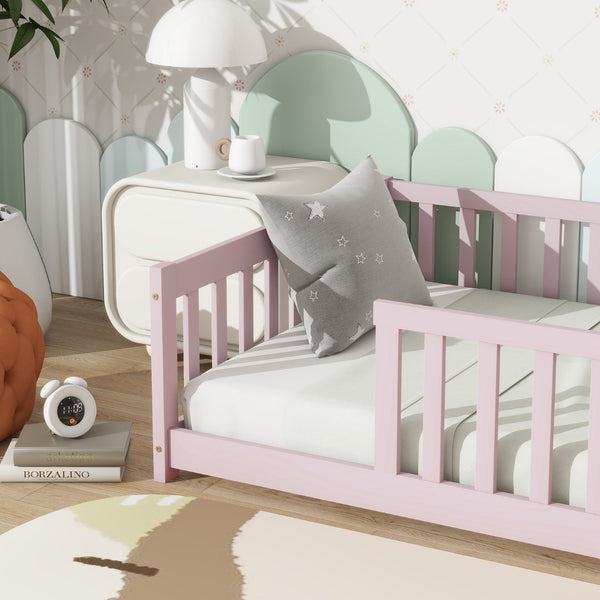 English Elm Twin Solid Rubberwood Floor Bed with Full Perimeter Safety Rails for Toddler Rooms Pink W504P296798