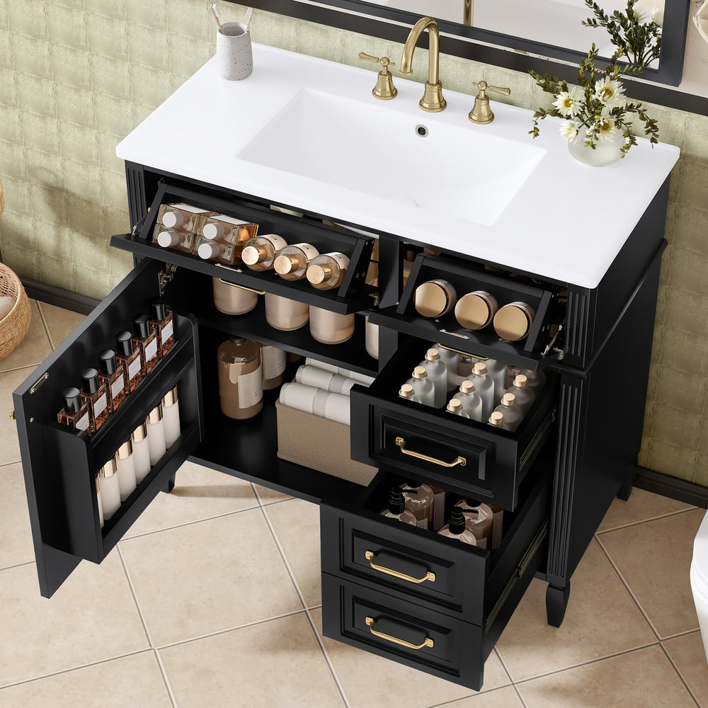 English Elm 36-Inch Bathroom Vanity With Ceramic Sink Top, Adjustable Shelf, And Modern Flip Drawer Design For Storage N725P350849B