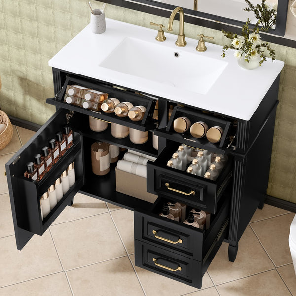 English Elm 36-Inch Bathroom Vanity With Ceramic Sink Top, Adjustable Shelf, And Modern Flip Drawer Design For Storage N725P350849B
