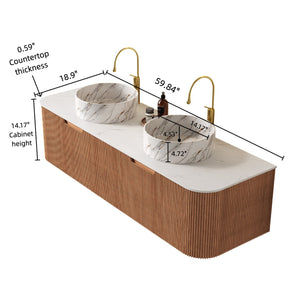 English Elm Dina 60" Wall-Mounted Bathroom Vanity With 2 Ceramic Sinks, Natural Woodgrain Finish & Ample Storage W2615S00493