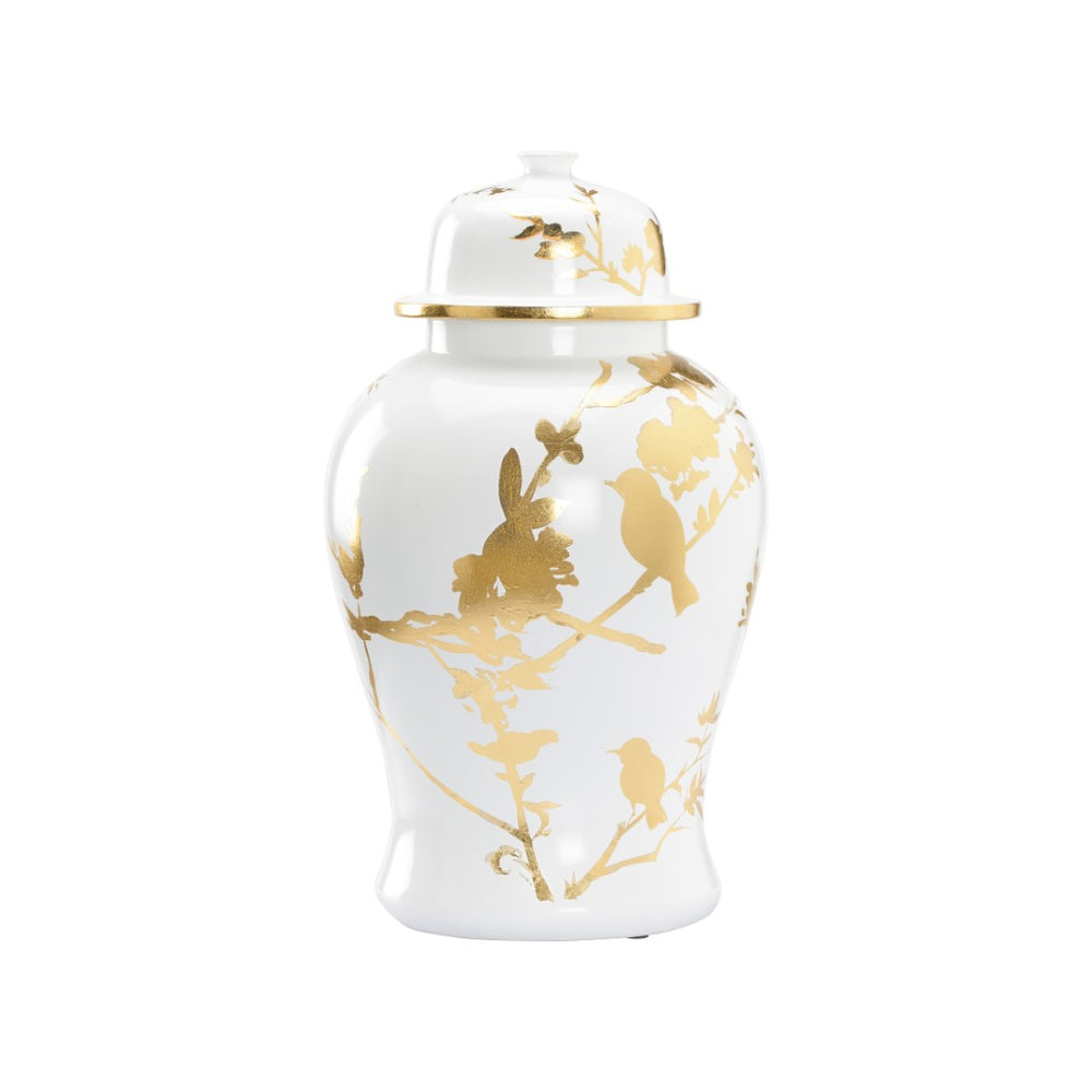 Chelsea House Winged Ginger Jar By Lisa Kahn — White Ceramic Vase With Gold Leaf Birds & Branches, 19" Statement Decor 370110