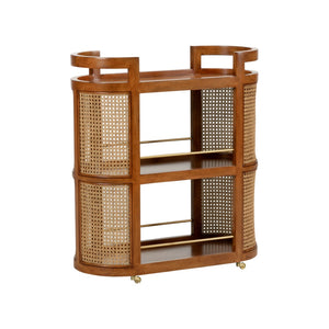 Chelsea House Berkshire Midcentury Maple Bar Cart With Cane Sides, Antique Brass Accents, Compact Entertaining Hub 370130