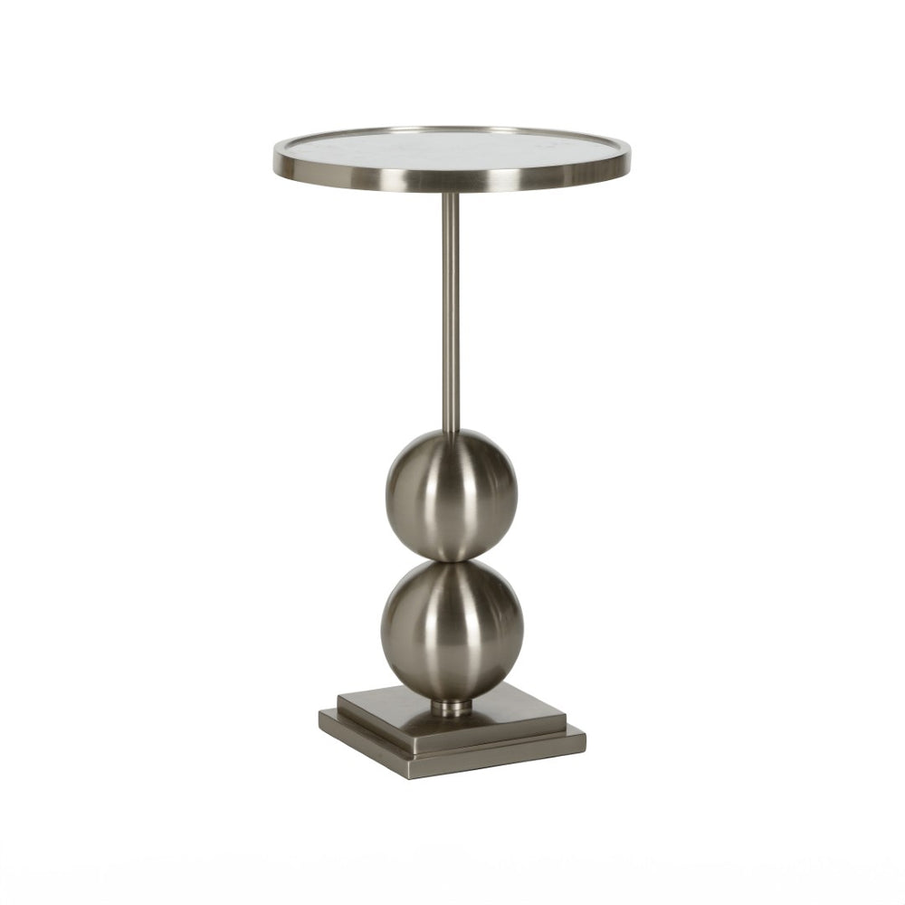 Chelsea House Garrett Satin Nickel Drink Table With Antique Mirrored Top, Sculptural Spheres, Compact 21"H 370141