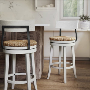 English Elm 31" Reclaimed Wood Barstool Woven Seagrass Seat Swivel Return for Kitchen Islands White B2751P436445