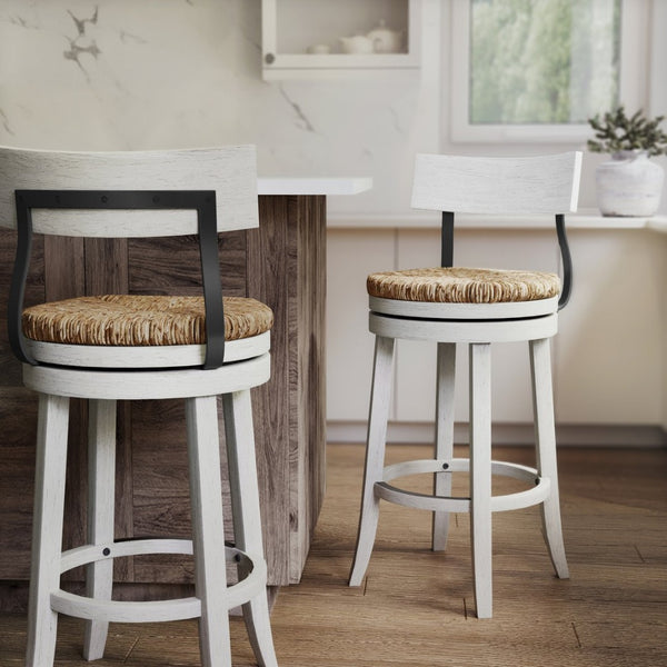 English Elm 31" Reclaimed Wood Barstool Woven Seagrass Seat Swivel Return for Kitchen Islands White B2751P436445