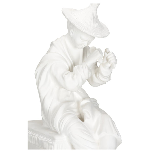 Chelsea House Chinese Seated Man Sculpture In Matte White Glaze By Bill Cain — Italian Ceramic Focal Art Piece, 69" 370150