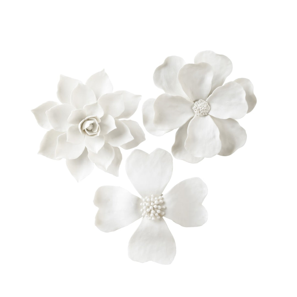 Chelsea House Wall Porcelain Floral Trio — Matte White Dogwood Magnolia Camellia Wall Art Set Of 3, Sculpted Elegance, 12" 370172