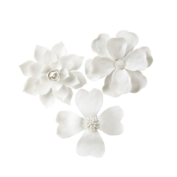 Chelsea House Wall Porcelain Floral Trio — Matte White Dogwood Magnolia Camellia Wall Art Set Of 3, Sculpted Elegance, 12" 370172