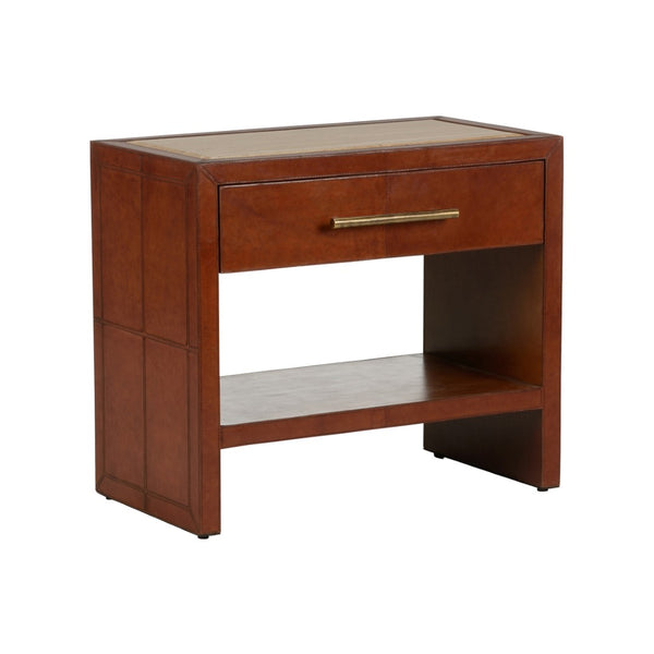 Chelsea House Santino Leather Nightstand With Travertine Top, Cognac Finish, Drawer & Shelf — Timeless Bedside Table 370173