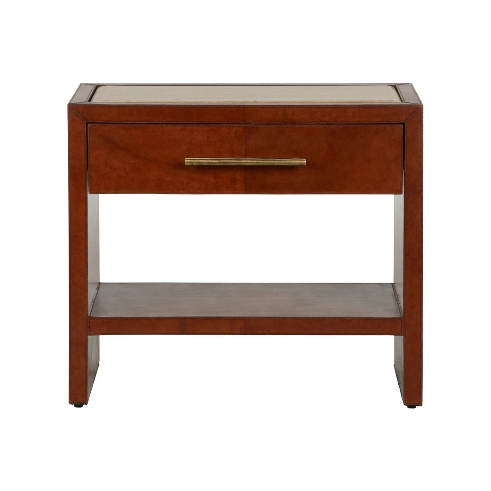 Chelsea House Santino Leather Nightstand With Travertine Top, Cognac Finish, Drawer & Shelf — Timeless Bedside Table 370173