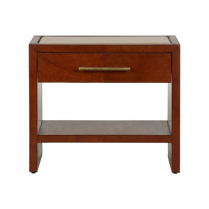 Chelsea House Santino Leather Nightstand With Travertine Top, Cognac Finish, Drawer & Shelf — Timeless Bedside Table 370173