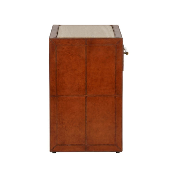 Chelsea House Santino Leather Nightstand With Travertine Top, Cognac Finish, Drawer & Shelf — Timeless Bedside Table 370173