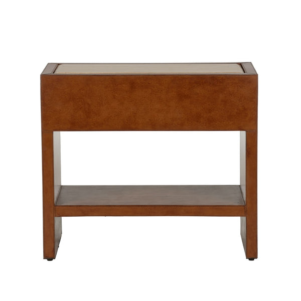 Chelsea House Santino Leather Nightstand With Travertine Top, Cognac Finish, Drawer & Shelf — Timeless Bedside Table 370173