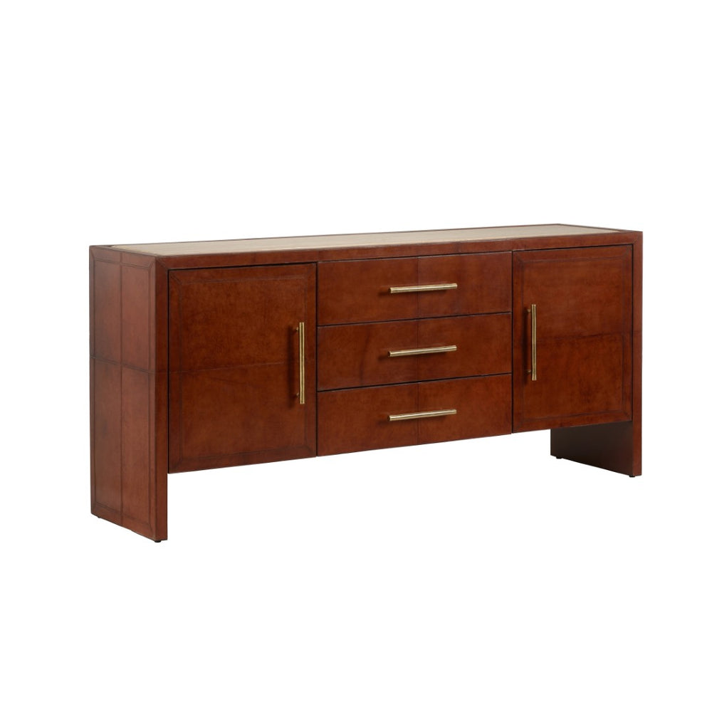 Chelsea House Santino Cognac Leather Buffet With Travertine Top — Spacious Transitional Storage, Durable Craftsmanship 370175