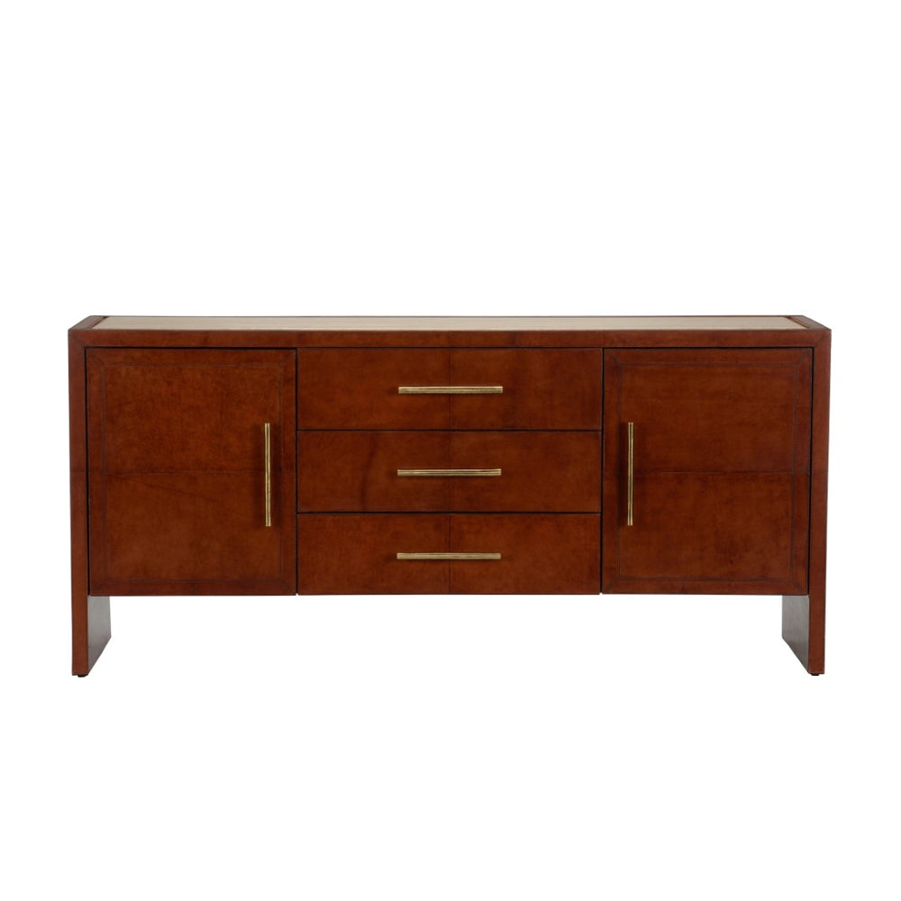 Chelsea House Santino Cognac Leather Buffet With Travertine Top — Spacious Transitional Storage, Durable Craftsmanship 370175