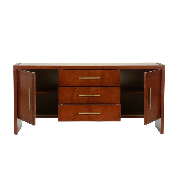 Chelsea House Santino Cognac Leather Buffet With Travertine Top — Spacious Transitional Storage, Durable Craftsmanship 370175