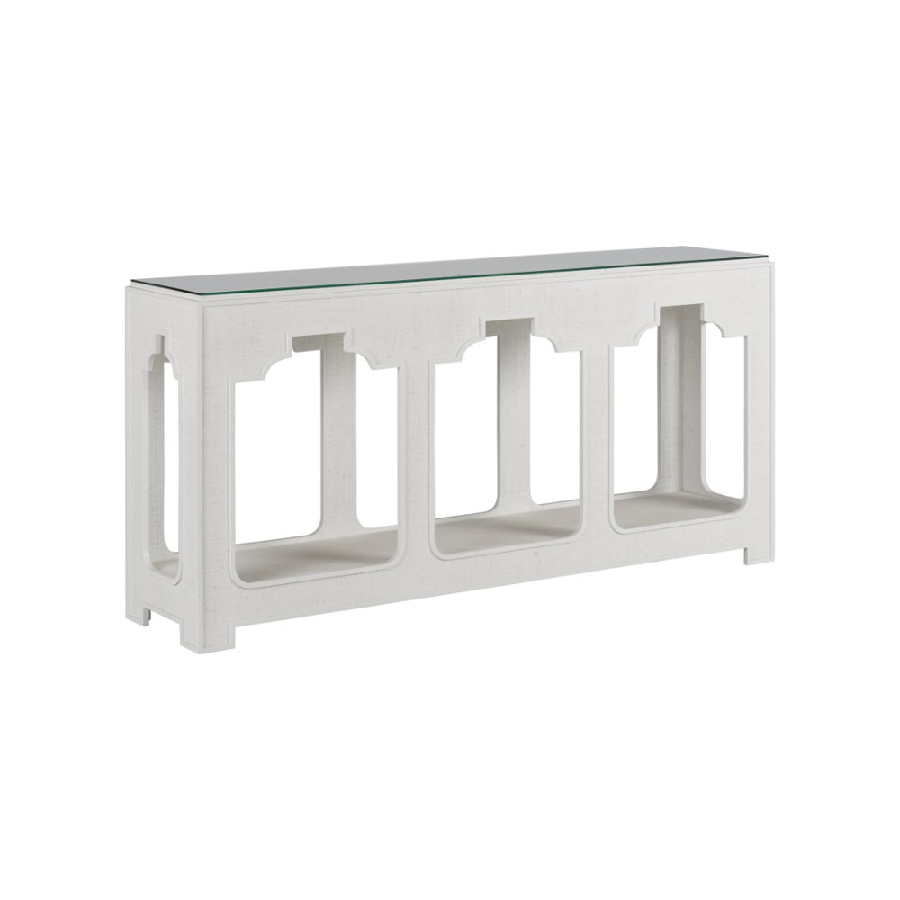 Chelsea House Yangon White Raffia Console Table With Removable Glass Top, Lower Shelf, Sculptural Coastal Modern Design 370186