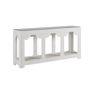 Chelsea House Yangon White Raffia Console Table With Removable Glass Top, Lower Shelf, Sculptural Coastal Modern Design 370186