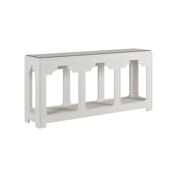 Chelsea House Yangon White Raffia Console Table With Removable Glass Top, Lower Shelf, Sculptural Coastal Modern Design 370186