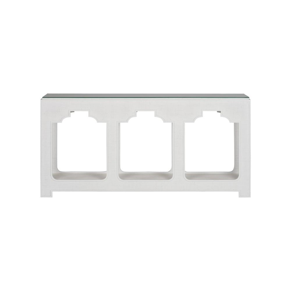 Chelsea House Yangon White Raffia Console Table With Removable Glass Top, Lower Shelf, Sculptural Coastal Modern Design 370186