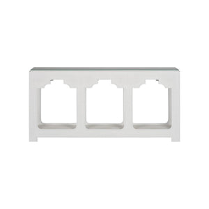 Chelsea House Yangon White Raffia Console Table With Removable Glass Top, Lower Shelf, Sculptural Coastal Modern Design 370186