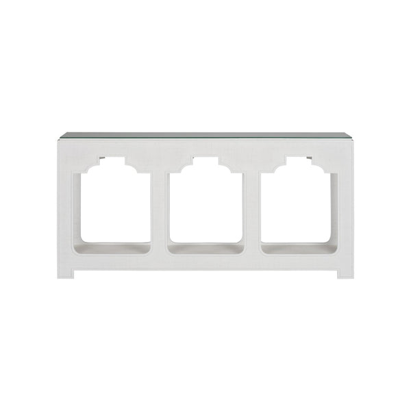 Chelsea House Yangon White Raffia Console Table With Removable Glass Top, Lower Shelf, Sculptural Coastal Modern Design 370186