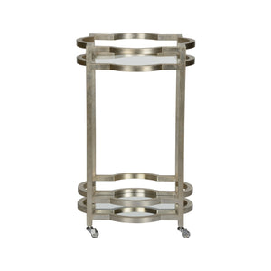 Chelsea House Quatrefoil Silver Leaf Bar Cart With Mirrored Shelf & Tempered Glass Top — Compact Luxe Entertaining 370198