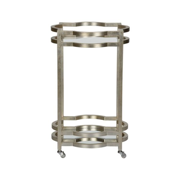 Chelsea House Quatrefoil Silver Leaf Bar Cart With Mirrored Shelf & Tempered Glass Top — Compact Luxe Entertaining 370198