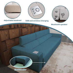 English Elm Power Reclining Sofa with Bluetooth Speakers Wireless Charging and Smart Home Theater Seating Blue W3795S00009